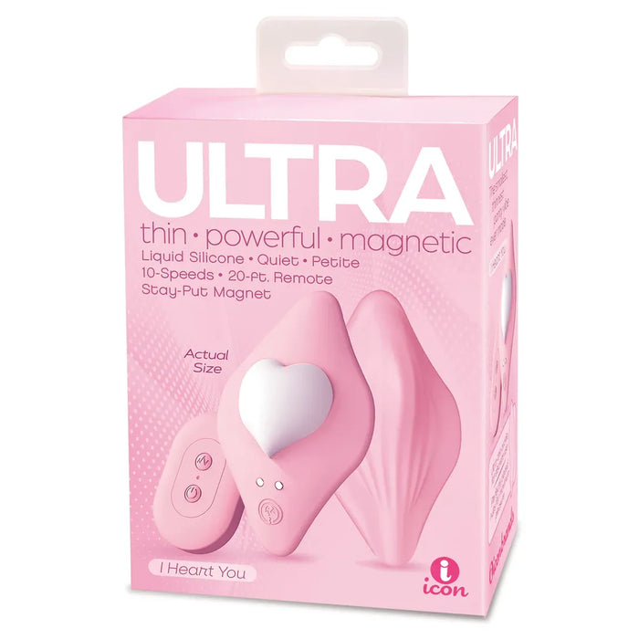 Pink packaging of Ultra I heart you vibrating panty vibrator, with icon branding on a white background