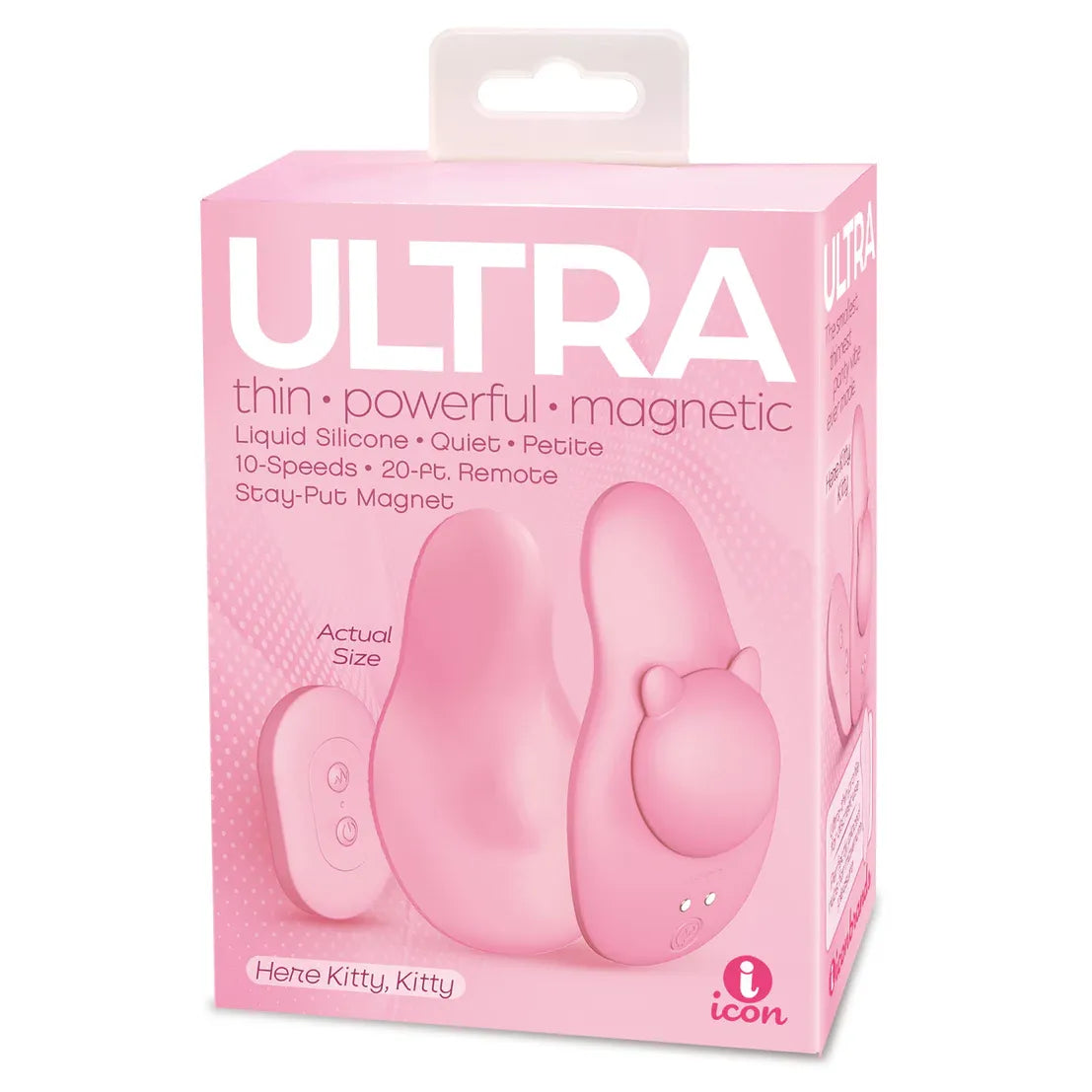 Pink packaging of Ultra here kitty kitty panty vibrator, with icon branding and text on a white background