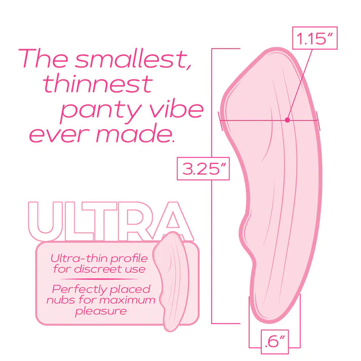 Diagram of a pink panty vibe with measurements and text on a white background