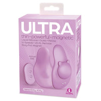 Purple packaging of Ultra here kitty kitty panty vibrator, with icon branding and text on a white background