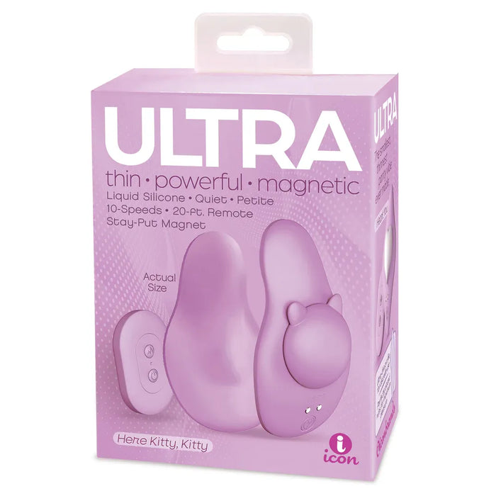 Purple packaging of Ultra here kitty kitty panty vibrator, with icon branding and text on a white background