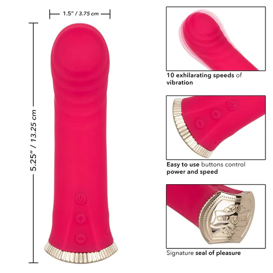 a pink short g spot vibe with ridges at the curved tip and a silver base shown next to close up pictures of the tip, base and function buttons