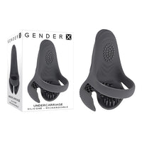 The image shows a black silicone vibrating cock ring with four vertically aligned bulbs and a textured handle base. The product is displayed from different angles, highlighting its design and features.