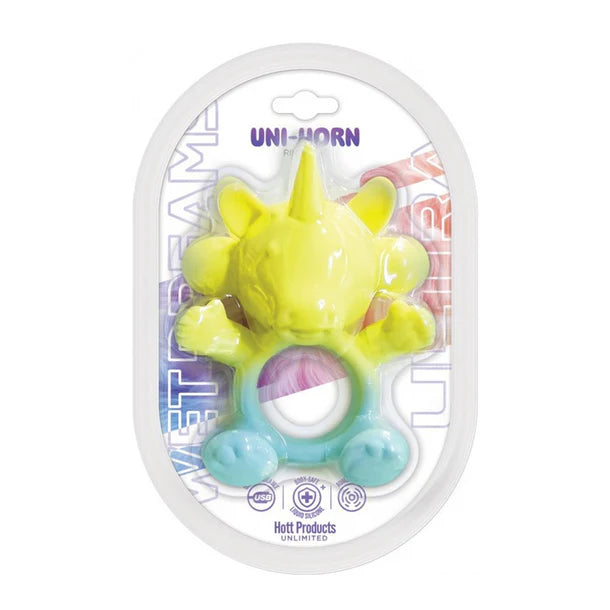 blue and yellow ombre unicorn shaped vibrating cock ring with packaging