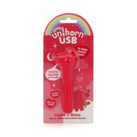 red vibrating bullet with unicorn head, heart main, with tongue sticking out  in plastic packaging