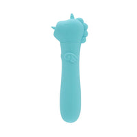 vibrating blue bullet with unicorn head, bumpy pain and tongue sticking out