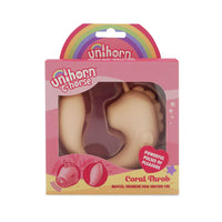 c shaped vibrator with unicorn head, with tongue sticking out in peach in box packaging