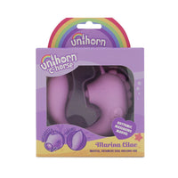 purple c shaped vibrator with unicorn head and open mouth in box packaging