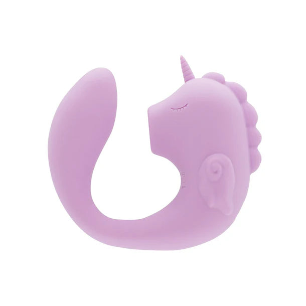 purple c shaped vibrator with unicorn head and open mouth