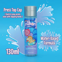 bottle of lubricant in 4.4oz with unicorn and tunnel slide on label with grey lid, water based formula