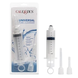 a clear syringe tube with two different nozzle attachments, shown next to its plastic packaging