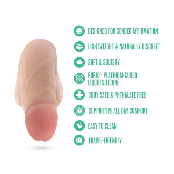 packer dildo with features listed on a white background