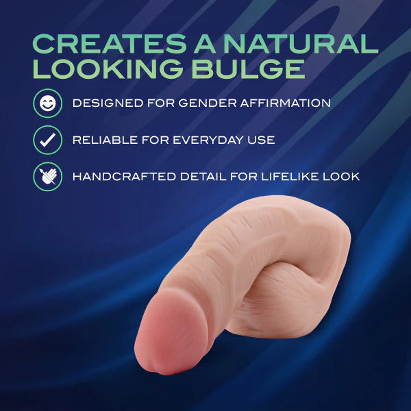 packer dildo with text highlighting features on a blue background