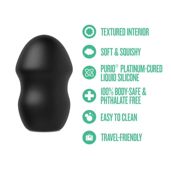 Black silicone stroker with green text listing features on a white background