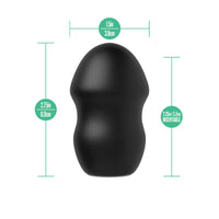 Black silicone stroker with measurements on a white background