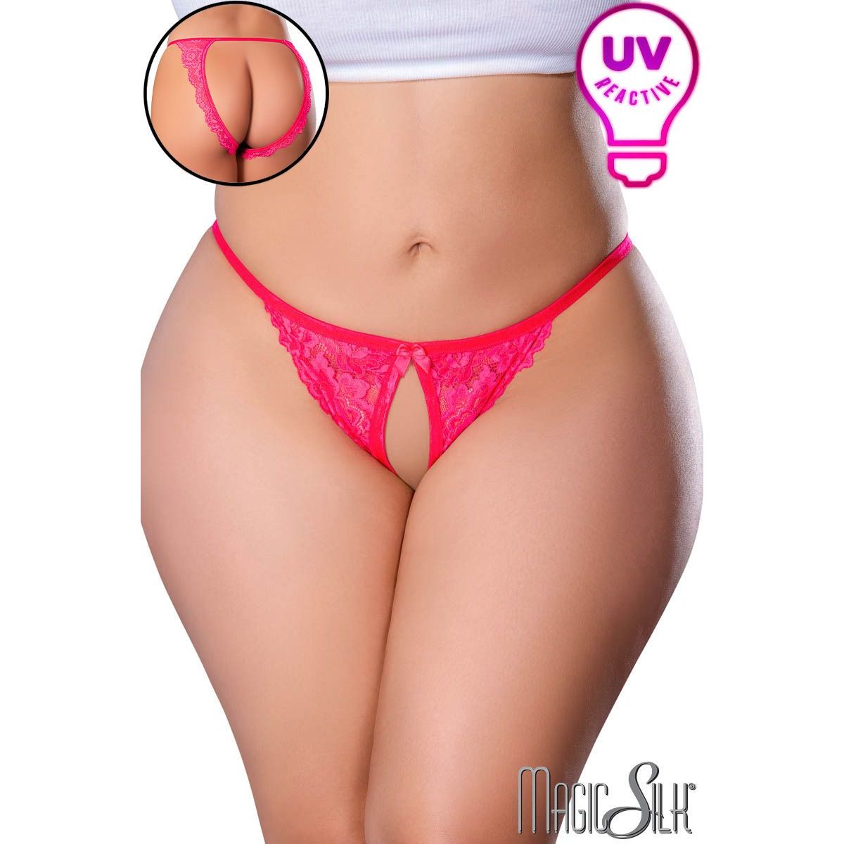 UV reactive stretch lace thong with an open crotch