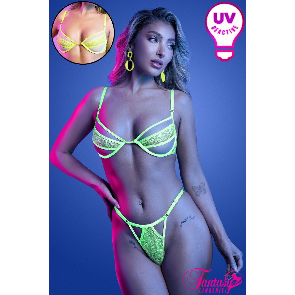 Model wearing a neon green lingerie set with UV reactive property on a blue background.