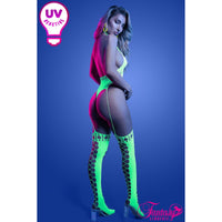 Model wearing a UV reactive outfit with green stockings and colorful top against a blue background.