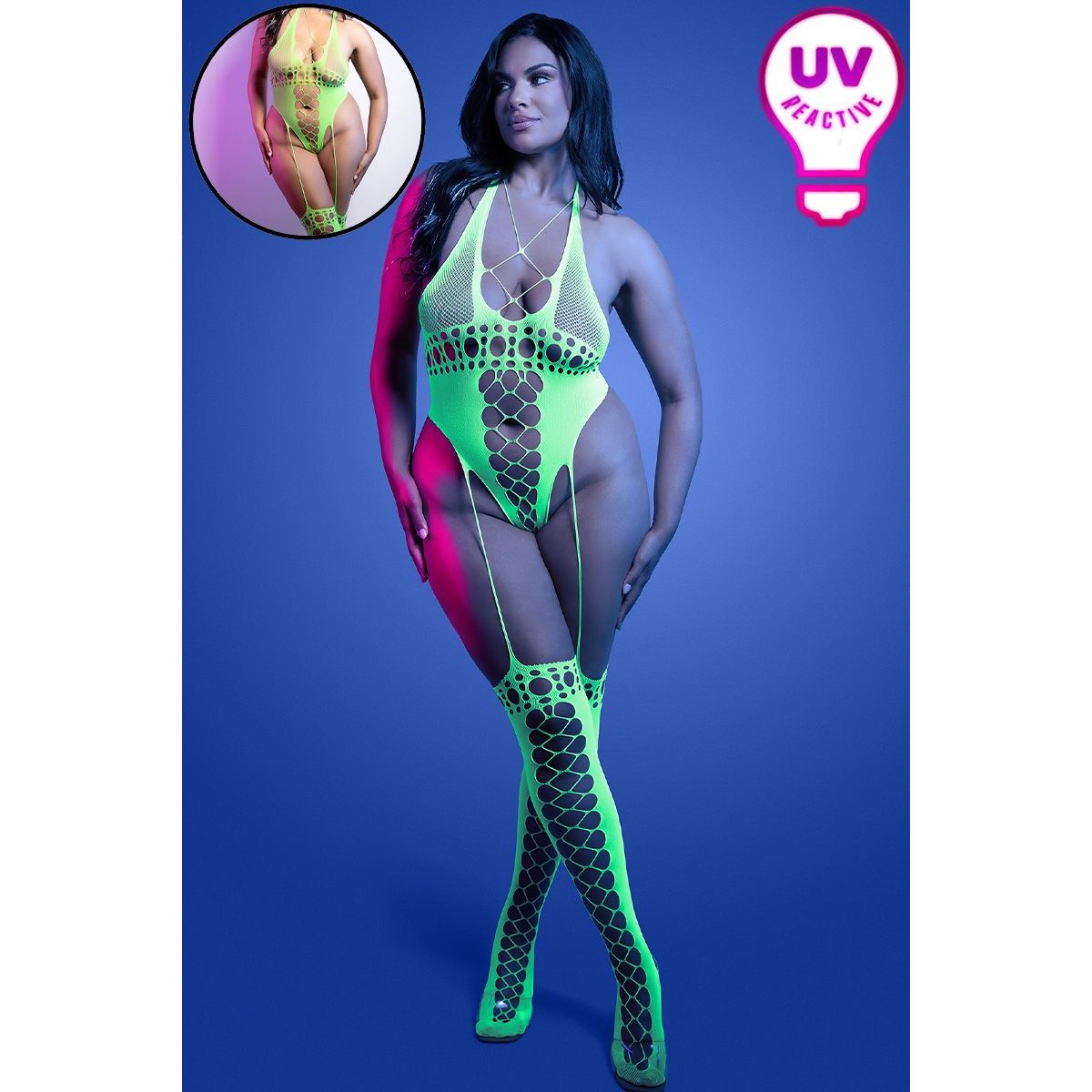 Model wearing a neon green UV reactive bodysuit and stockings against a blue background.