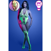 Model wearing a neon green UV reactive bodysuit and stockings against a blue background.