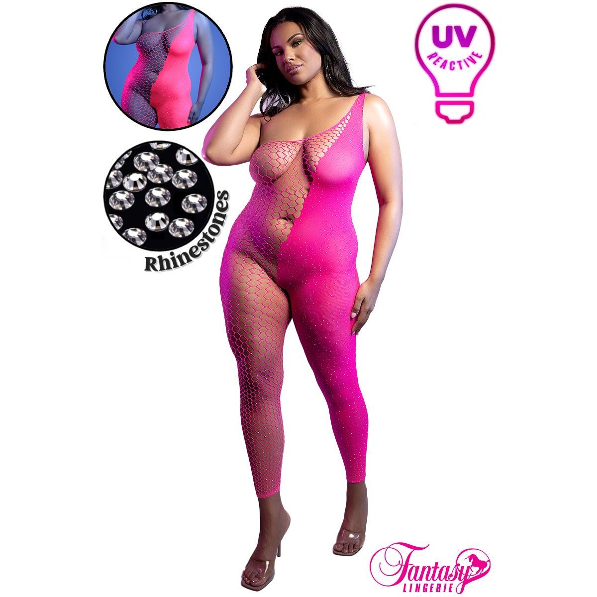 Pink UV reactive bodystocking with rhinestones on a white background