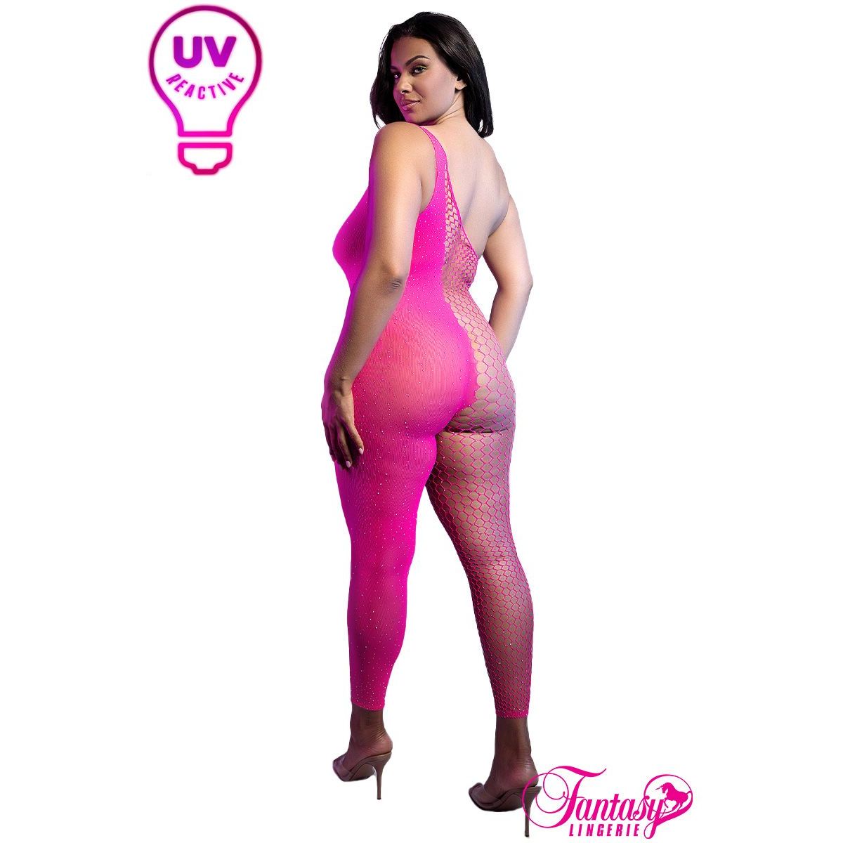 Pink UV reactive bodysuit worn by a model on a white background, with 'Fantasy Lingerie' branding.