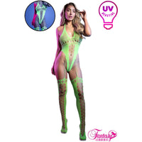 Model wearing a neon green bodysuit with UV reactive feature, brand 'Fantasy Lingerie' visible.