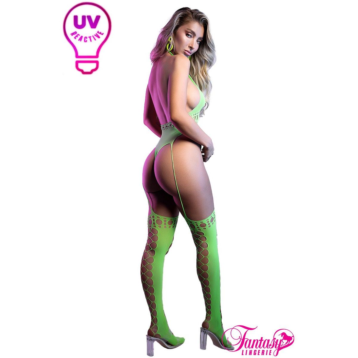 Model wearing a green bodysuit with UV reactive property, brand 'Fantasy Lingerie' visible.