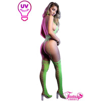Model wearing a green bodysuit with UV reactive property, brand 'Fantasy Lingerie' visible.