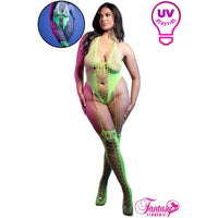 Woman wearing a green UV reactive bodysuit with matching stockings, brand 'Fantasy Lingerie' visible.