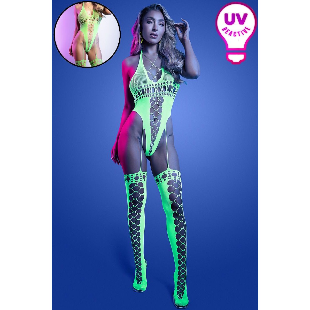 Model wearing a UV reactive green bodysuit and stockings against a blue background.