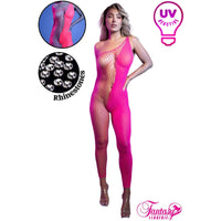 Pink fishnet bodysuit with rhinestone accents and UV reactive feature, displayed on a model.