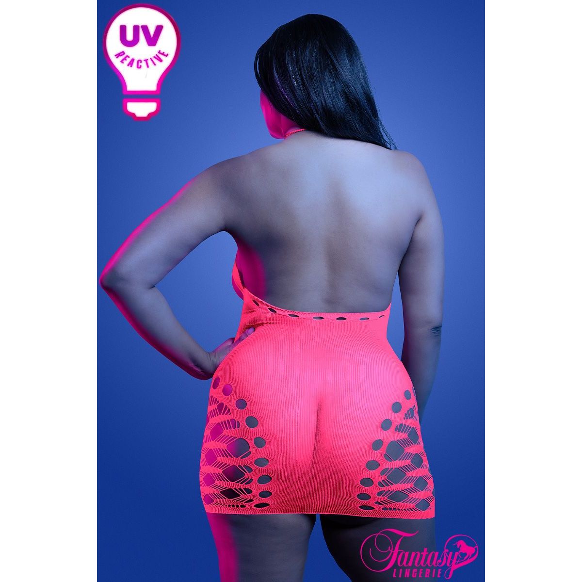 Person wearing a pink UV reactive dress against a blue background