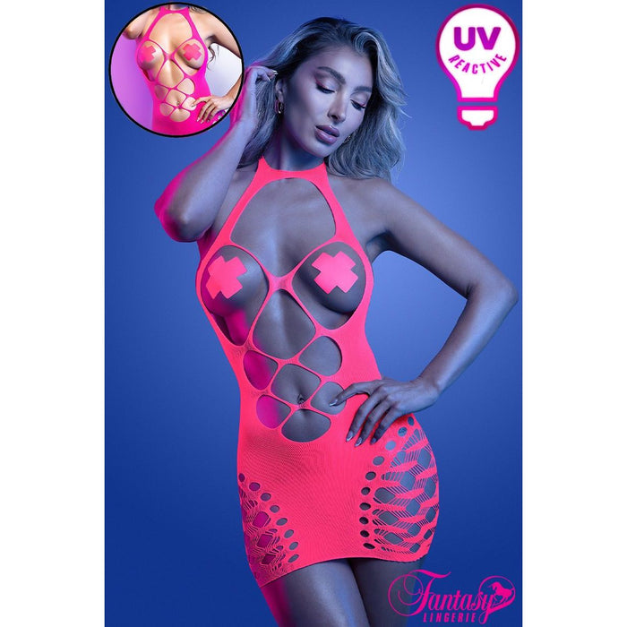 Woman wearing a pink UV reactive dress on a blue background