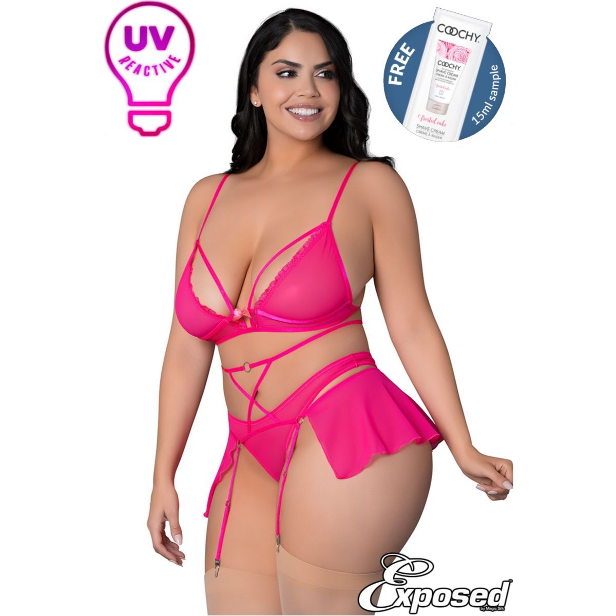 - Longline sheer soft mesh top with elastics around soft cups, adjustable straps, open cups and a back hook closure
- High-waist strappy garter skirt featuring attached adjustable garters and a back hook closure
- Soft mesh thong
plus size front view