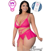 - Longline sheer soft mesh top with elastics around soft cups, adjustable straps, open cups and a back hook closure
- High-waist strappy garter skirt featuring attached adjustable garters and a back hook closure
- Soft mesh thong
plus size front view