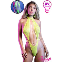 Model wearing a neon yellow lace lingerie set with UV reactive feature, brand 'Fantasy' visible.
