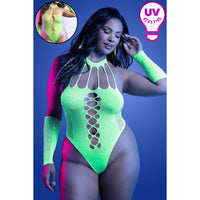Model wearing a neon green UV reactive teddy against a blue background