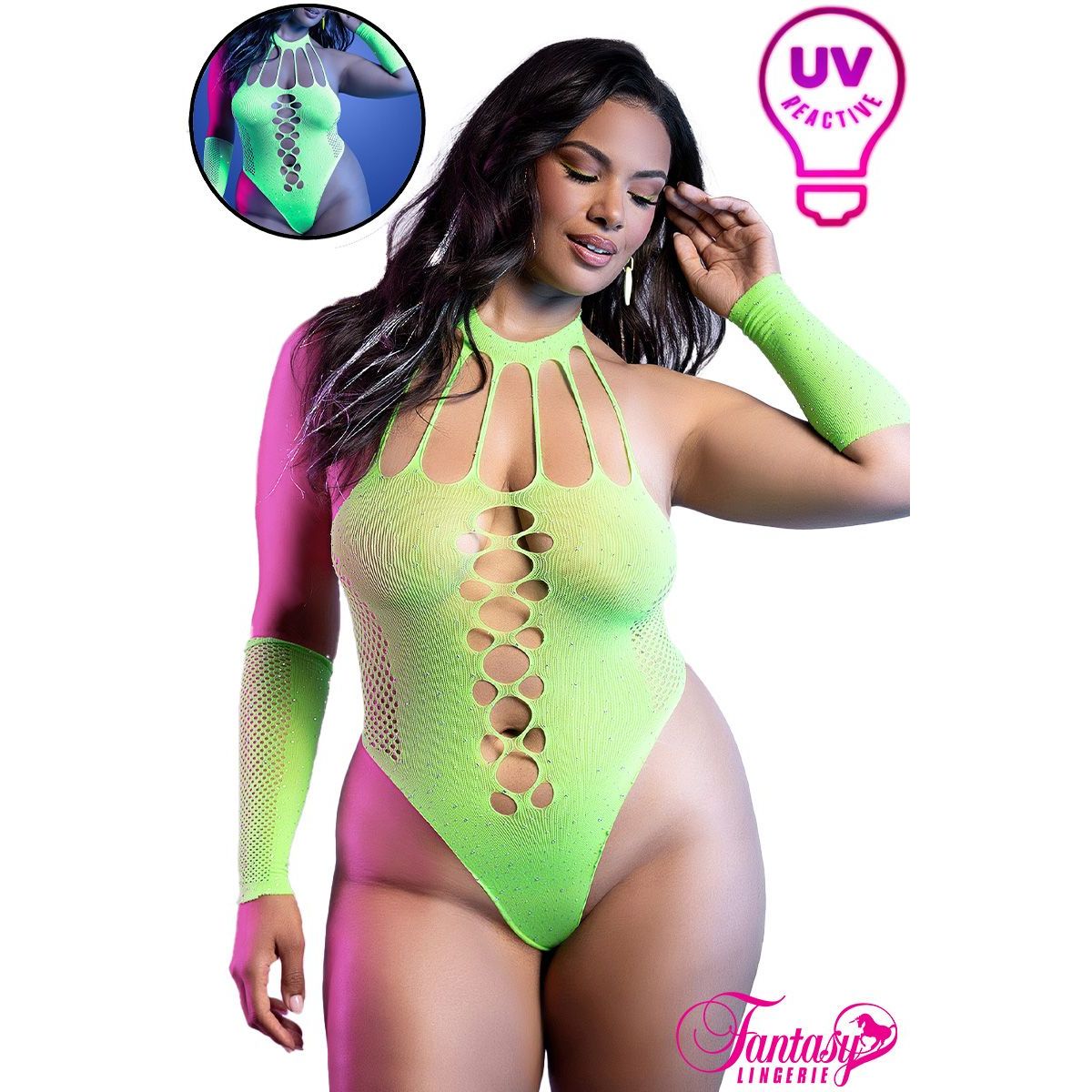 Woman wearing a neon green UV reactive teddy with green and arm bands.