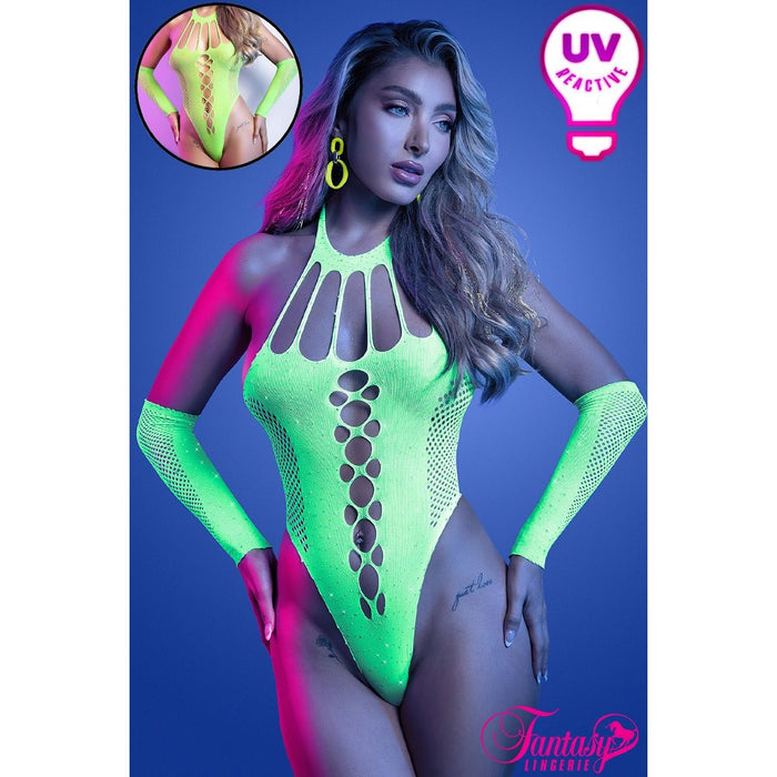 Model wearing a neon green UV reactive teddy against a blue background
