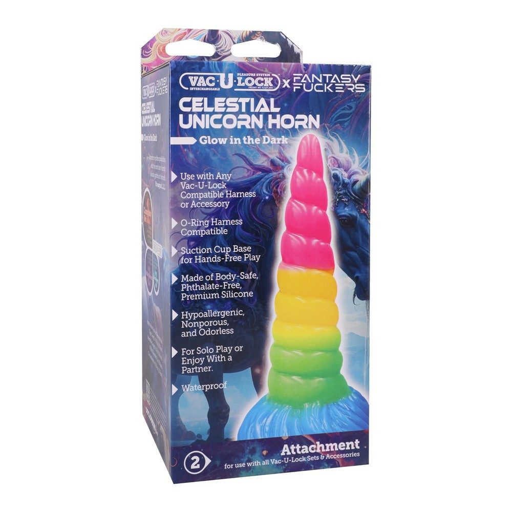 Multicolored unicorn horn attachment packaging with text on a white background