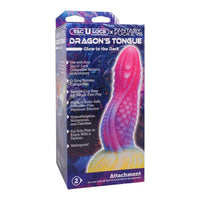 Fantasy Fuckers Dragon's Tongue Glow in the Dark dildo with packaging on a white background