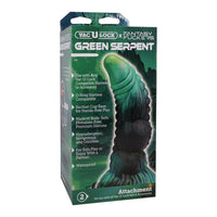 Product packaging of 'Green Serpent' attachment with branding and product details on a white background