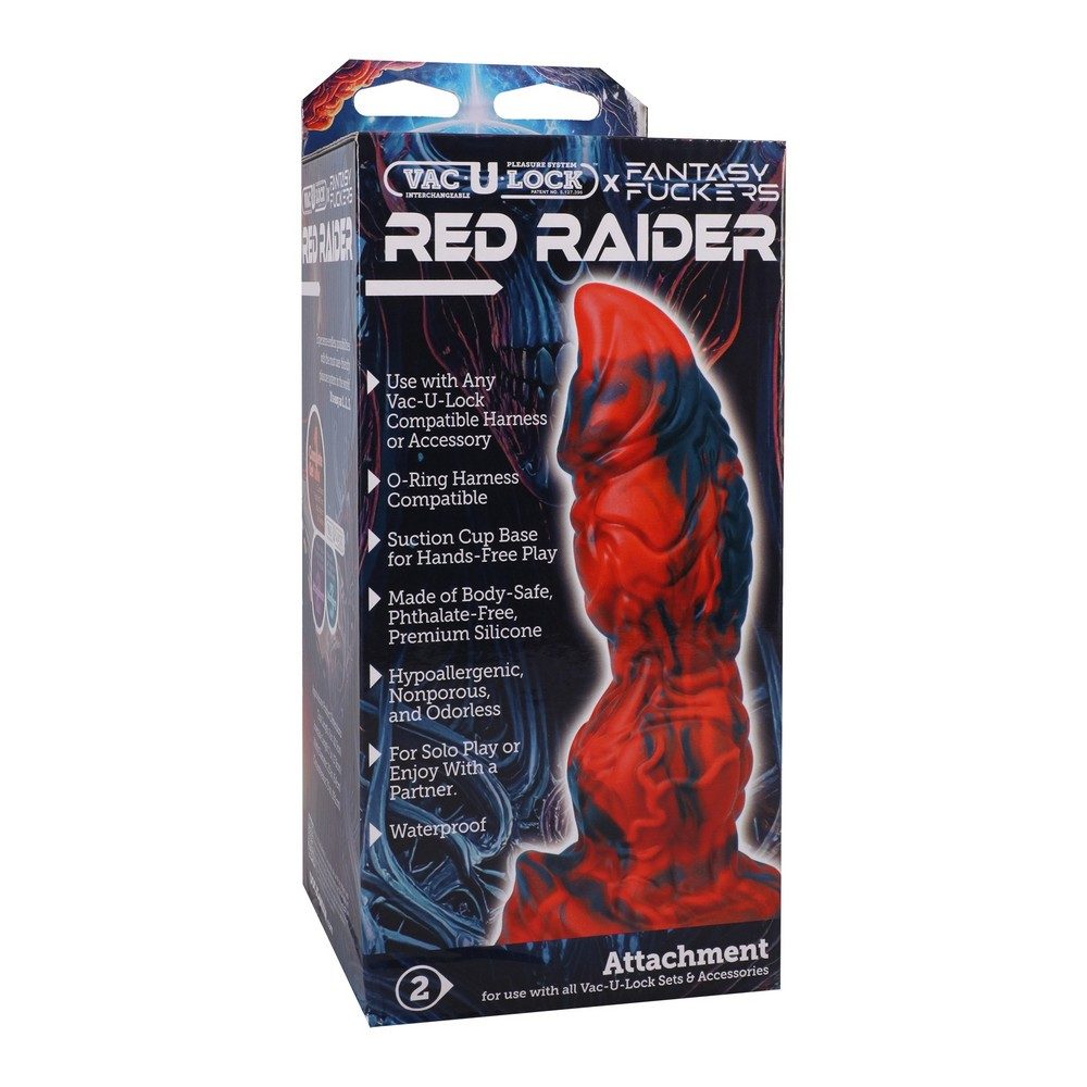 Fantasy Fuckers Red Raider dildo with packaging on a white background