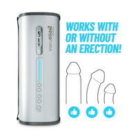 Vacuglide 2 masturbator with text 'Works with or without an erection!' on a white background