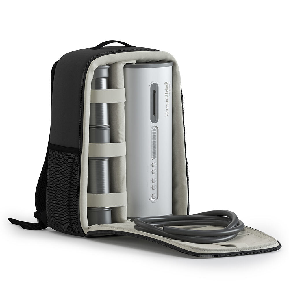 Backpack with a portable vacuglide 2 autoblow maturbator on a white background