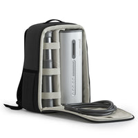 Backpack with a portable vacuglide 2 autoblow maturbator on a white background