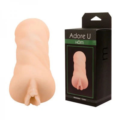 Realistic silicone vagina stroker next to its packaging labeled 'Adore U Hom' on a white background