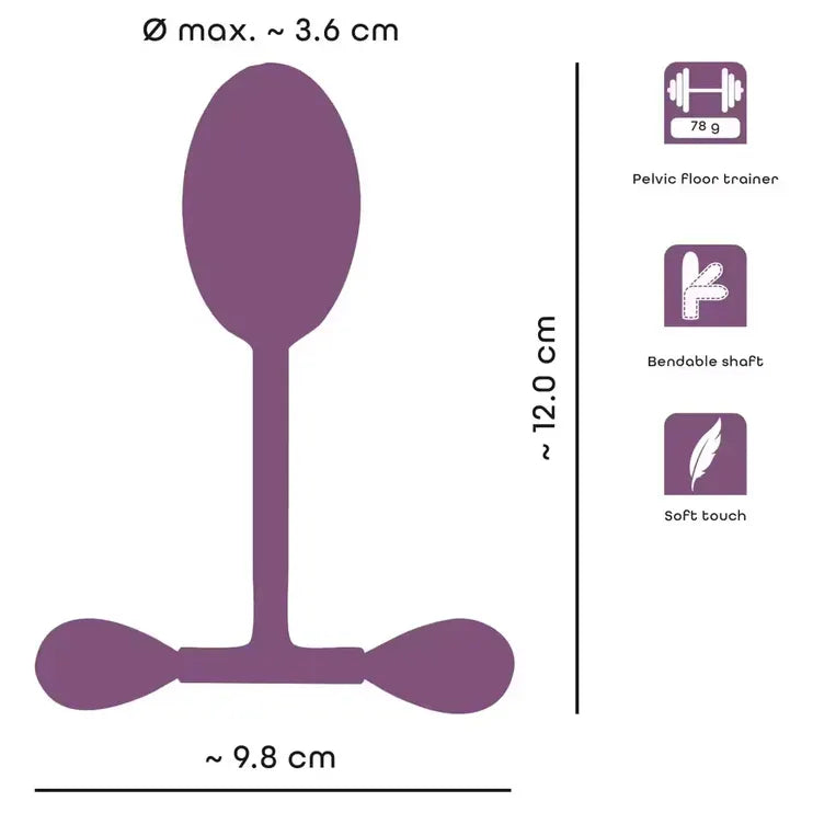 Diagram of a pelvic floor trainer with dimensions and features on a white background