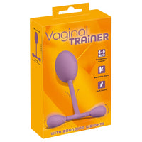 Purple 'Vaginal Trainer' on an orange packaging with text and icons.
